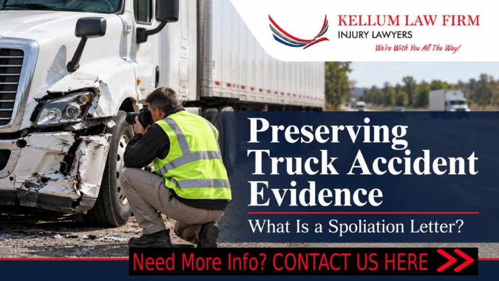 Truck accident scene: a photographer in a high‑visibility vest documents damage to a big truck; banner reads'Preserving Truck Accident Evidence' for Kellum Law Firm.
